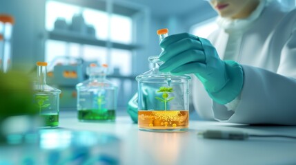 Modern Scientist Developing Biofuel in High-Tech Lab Setting with Focus on Clean Workspace and Equipment Detail