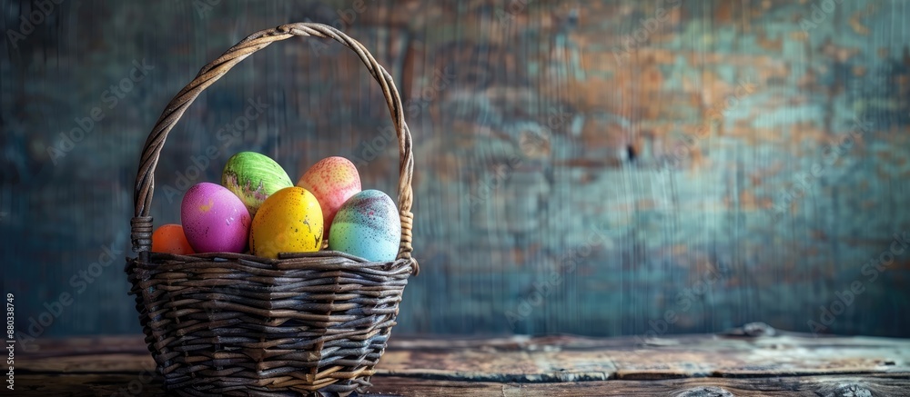 Aufkleber easter basket filled with colorful eggs on a rustic wooden background perfect for copy space image