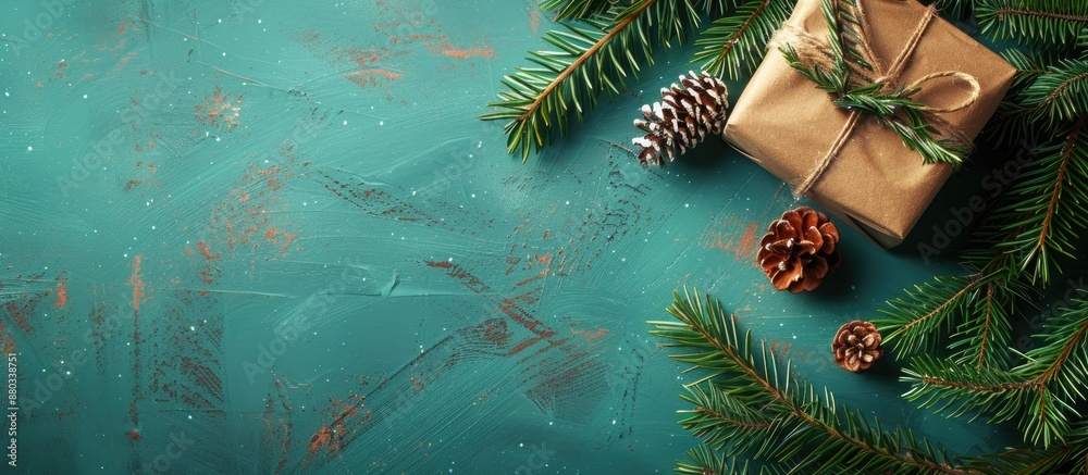 Poster Festive Xmas fir branch and gift box with room for your message on a copy space image