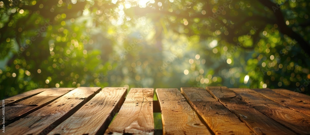 Poster Morning sunlight and green bokeh illuminate a wooden table with space for product display set against a blurred natural backdrop. with copy space image. Place for adding text or design