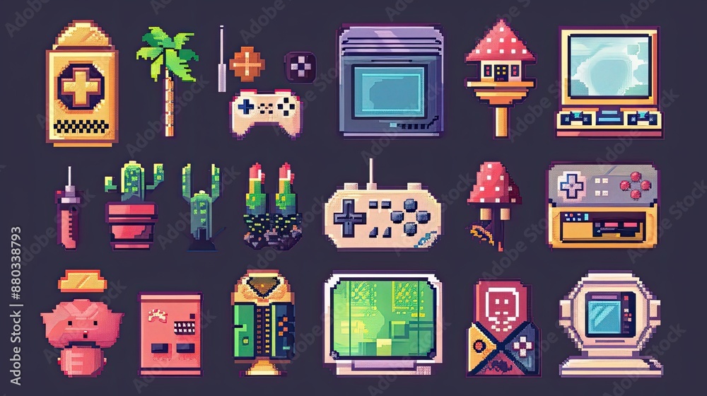 Fototapete retro pixel art icons with nostalgic 8-bit designs.