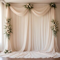 Delicate chiffon backdrop with billowing folds and a neutral color palette, creating an airy, romantic atmosphere