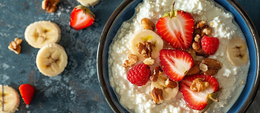 Poster healthy cottage cheese topped with strawberries bananas and walnuts in a blue bowl viewed from the t