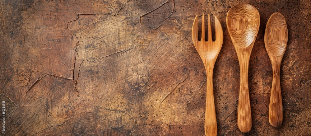 Fototapete wooden spoon and fork placed on a brown textured background with ample copy space image in a top dow