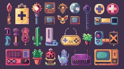Obraz premium Retro pixel art icons with nostalgic 8-bit designs.