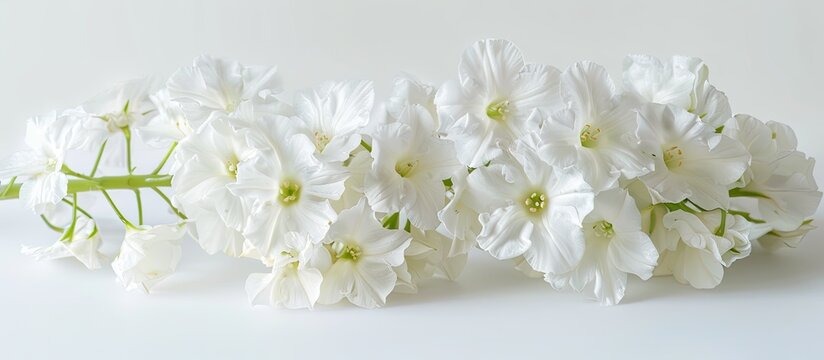 Macro close up of a stunning cluster of white hesperis flowers on a white background with copy space image available
