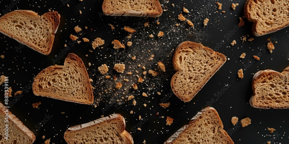 Poster freshly baked bread slices arranged neatly on a wooden table