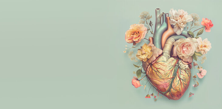 Human heart with flowers, love, respect and emotion concept, good hearted person, humanitarian help, thankful and charity