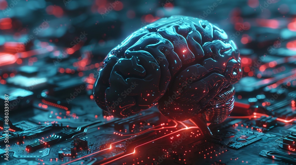 Poster 3d brain processor artificial intelligence concept on futuristic circuit board background