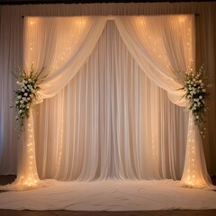 White chiffon backdrop with intricate draping and a sheer, translucent quality, illuminated by warm, diffused lighting