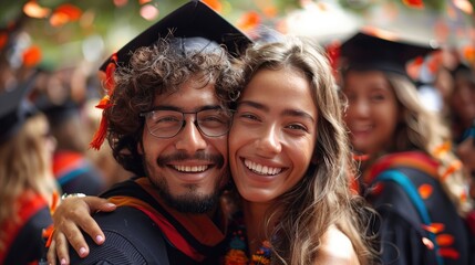 Two happy graduates celebrating their achievement with confetti and cap and gown at a graduation ceremony.