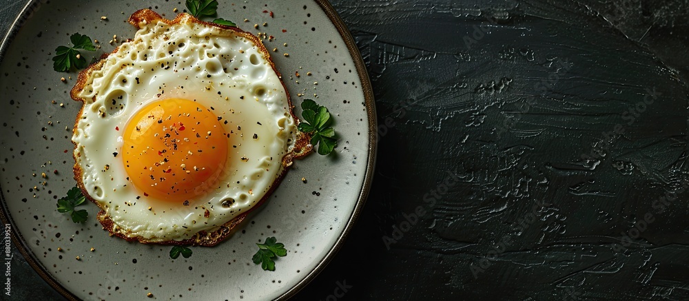 Aufkleber Copy space image featuring fried eggs on a plate set against a dark background enhancing the appeal of the hot and appetizing dish