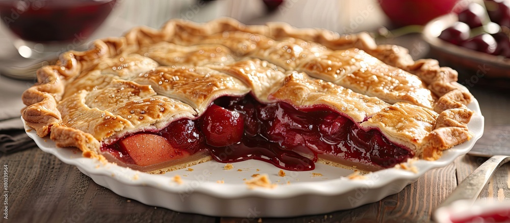 Poster Close up image showing a sliced pie with a delicious cherry apple filling featuring an attractive presentation with an inviting appearance and copy space image