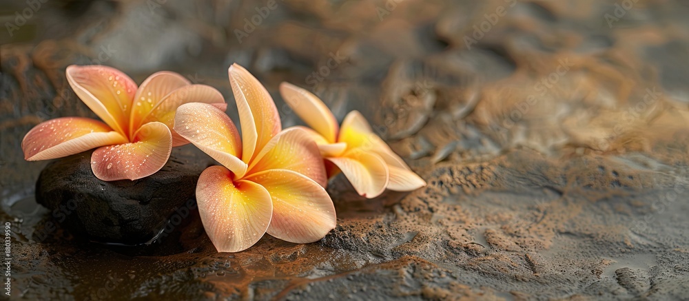 Poster plumeria flowers on a stone surface with space for additional images