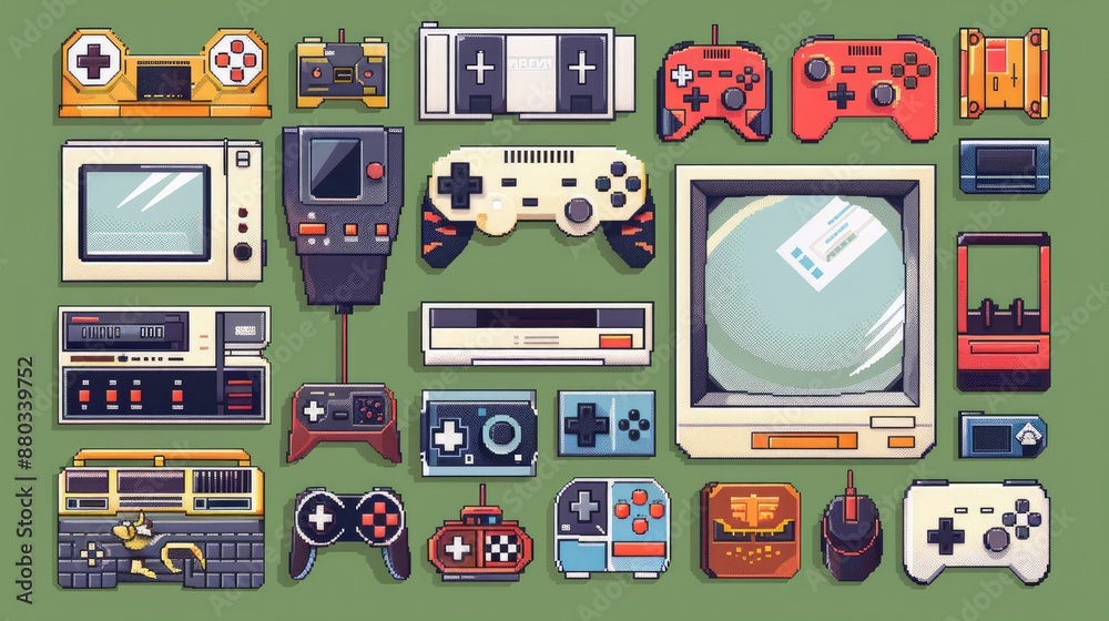 Fototapete retro pixel art icons with nostalgic 8-bit designs.