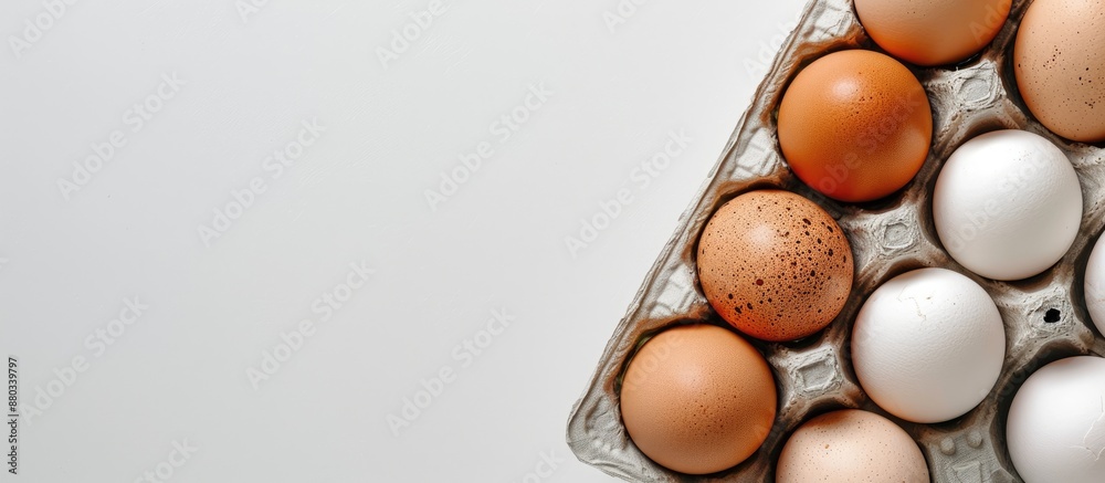 Fototapete Close up of chicken eggs arranged in an egg carton on a white background with an empty area for text or other elements also known as a copy space image