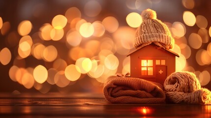 Figure of house and warm clothes on table against blurred bokeh lights. Home heating, money and energy saving concept