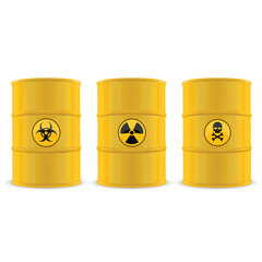 Three yellow barrels with hazard symbols: biohazard, radioactive, toxic. Vector