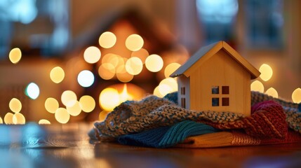 Figure of house and warm clothes on table against blurred bokeh lights. Home heating, money and energy saving concept