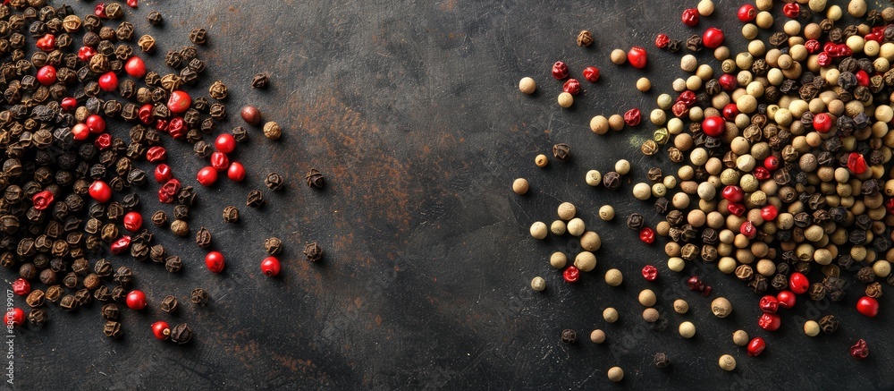 Poster Top down view of a variety of peppercorns with space for text or images. with copy space image. Place for adding text or design