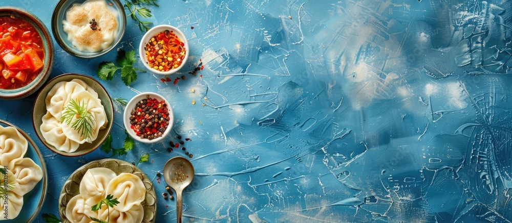 Poster top view of traditional russian dumplings and ravioli on a blue background with copy space image ava