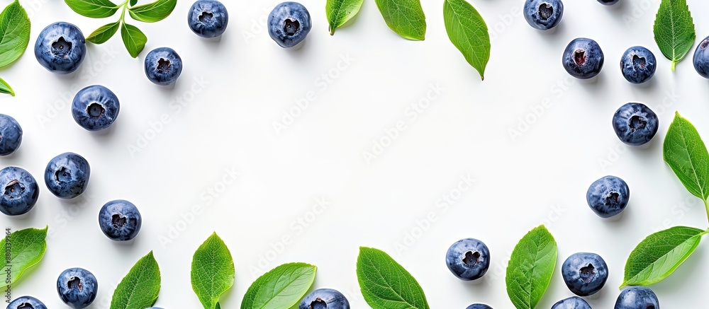 Poster a top down view of a frame made with fresh blueberries leaves and a white background with space for 