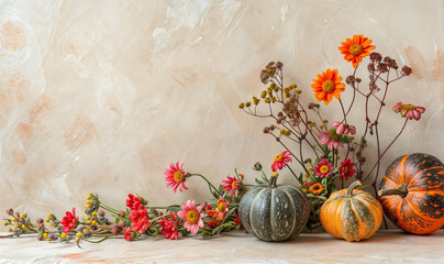autumn still life with flowers and pumpkins on a beige background, fall wallpaper with copy space © Deea Journey 