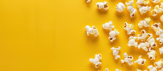 Top view of popcorn mockup on yellow background with space for text or image insertion. with copy space image. Place for adding text or design