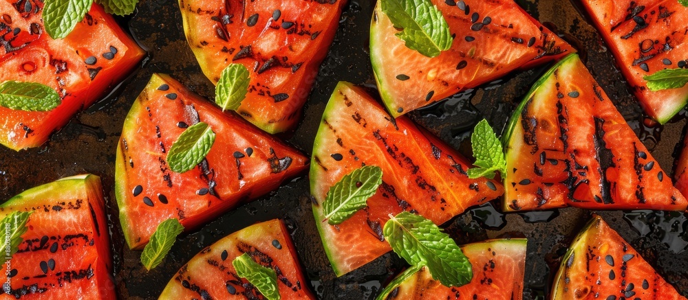 Poster grilled watermelon slices with mint in a close up copy space image