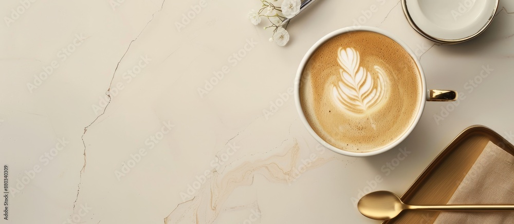 Poster beige table adorned with workspace accessories a coffee cup and blank copy space image captured in a