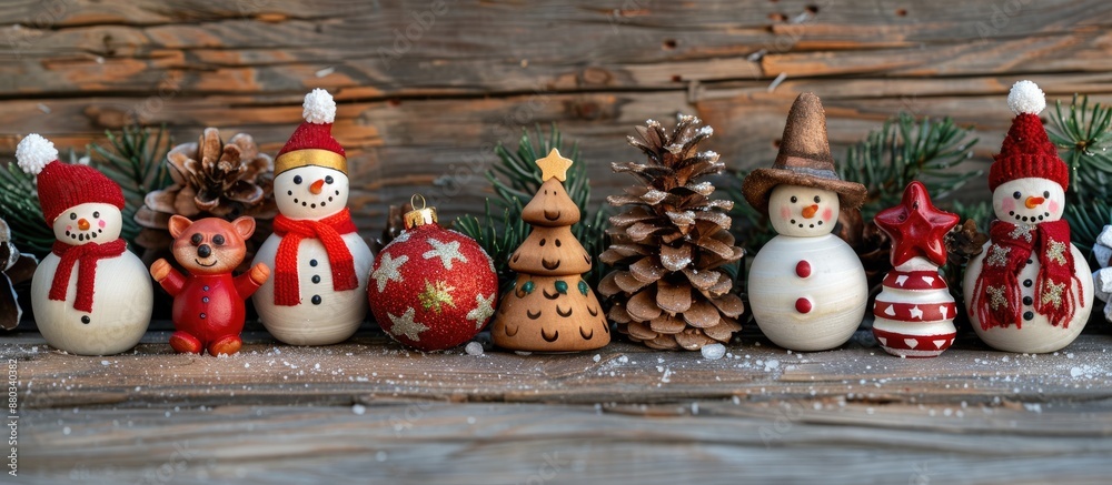 Poster Christmas toys displayed on a rustic wooden surface with a background perfect for a copy space image