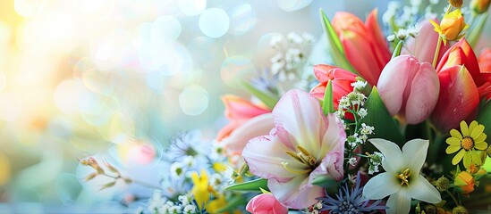 Spring flowers decorate a background for an Easter message allowing for a copy space image