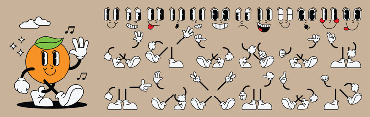 Set of 70s groovy comic faces vector. Collection of cartoon character faces, leg, hand in different emotions happy, angry, sad, orange. Cute retro groovy hippie illustration for decorative, sticker.