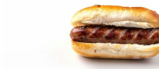 A lone sausage on a bun against a white background with copy space image