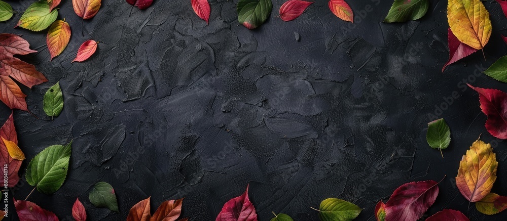 Poster Autumn themed top view flat lay with red green and yellow leaves forming a frame on a black background for fall invitation cards emphasizing copy space image