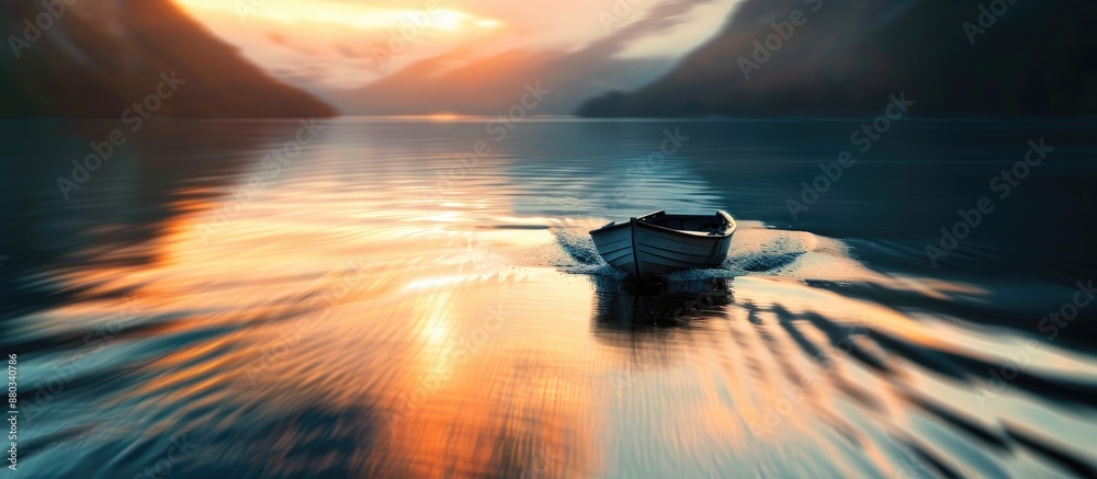 Poster A boat is seen on a sunset lit lake with a blurred effect and soft focus caused by a slow shutter speed in a photograph with copy space image