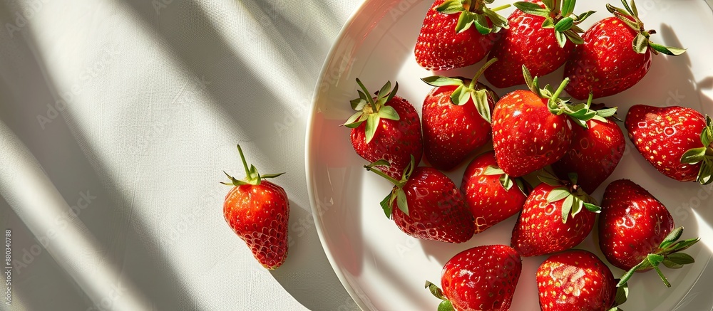 Fototapete close up image of ripe fresh strawberries on a white plate with a long shadow featuring ample copy s
