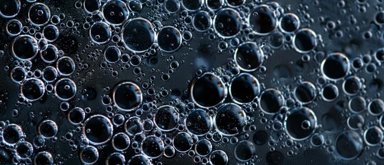 Panoramic close-up, high detail scan of bubbles on dark surface texture, Generative AI