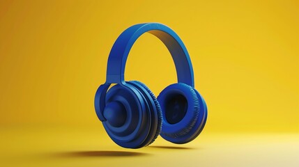 Naklejka premium 3d rendering of sleek blue headphones on vibrant yellow background – modern audio technology concept with minimalist design, perfect for music streaming services, podcasts, and digital media promotion
