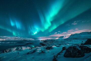 Fototapeta premium The mesmerizing aurora borealis illuminates the night sky above a majestic mountain range, A scene of the Northern Lights over a Scandinavian landscape, AI generated