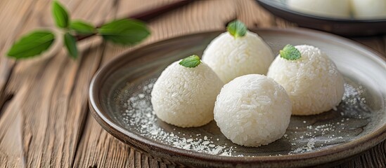 Fototapeta premium Gourmet dessert image featuring Japanese Shiratama sticky rice ball mochi on a dish with copy space