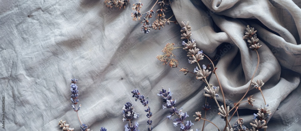 Poster mockup of a card with grey linen fabric adorned by dried lavender and eucalyptus flowers offering a 