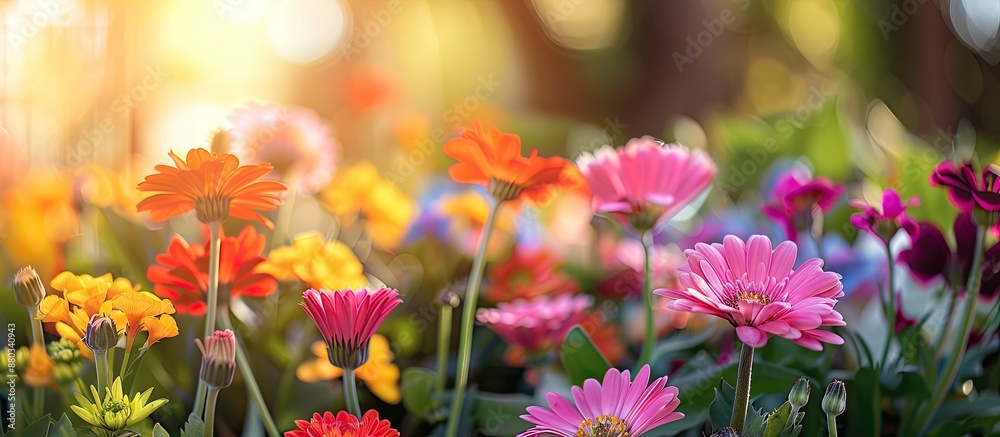 Poster floral display during spring showcasing vibrant blossoms in a garden setting with ample copy space i