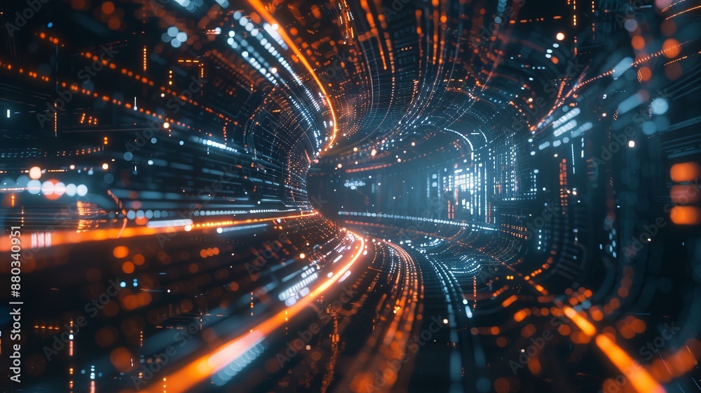 Poster high-tech digital landscape featuring abstract 3d rendering of data flow and information processing 