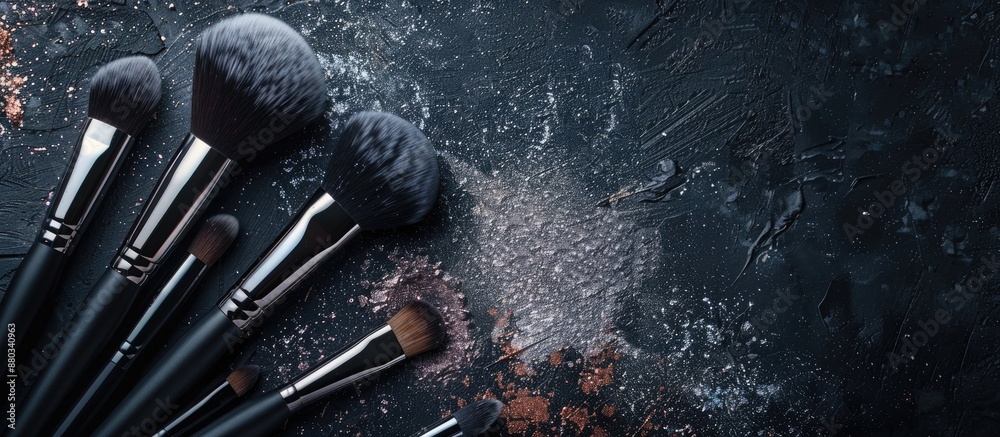 Poster Makeup brushes and tools on a dark textured backdrop with powder and eyeshadow offering a copy space image and a touch of shine
