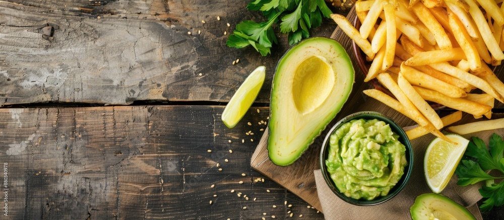 Poster white wooden table set up with a serving board holding french fries guacamole dip and avocado provid