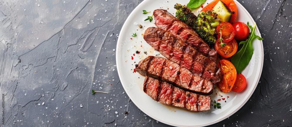 Aufkleber fried steak slices served with veggies on a plate with a generous copy space image for presentation