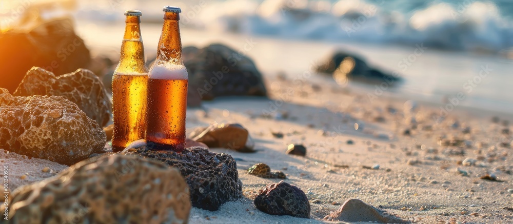 Leinwandbilder Cold beer bottles placed by rocks on sandy shore creating a backdrop for text in a copy space image