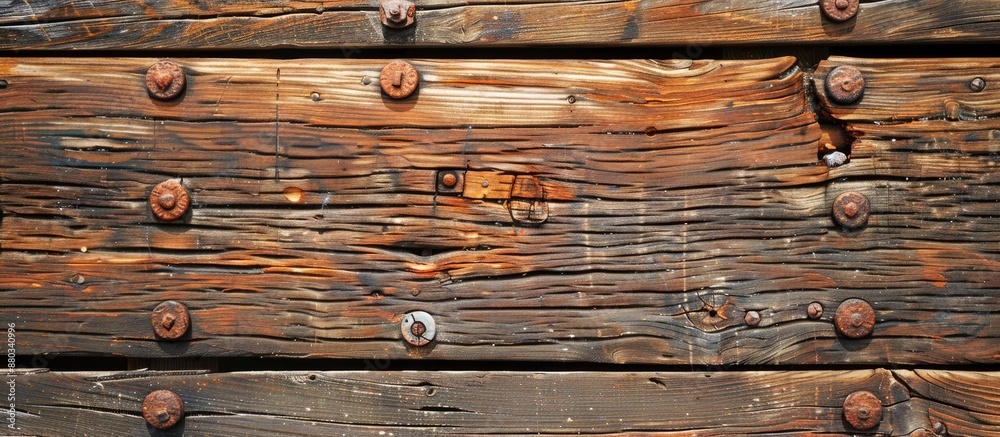 Poster close up image of a brown wooden plank with rusty nails displayed in detail within a copy space imag