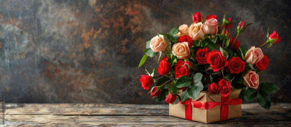 Poster rustic style roses bouquet and gift box displayed on a wooden background in a celebratory interior s